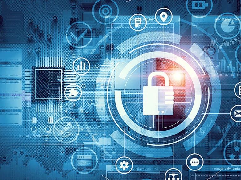 Cybersecurity technology concept with digital padlock, data protection network, and secure IT infrastructure visualization.